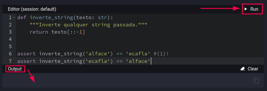 Captura de tela do bloco contendo editor de texto do pyodide. Destacando o botação run e o campo de output